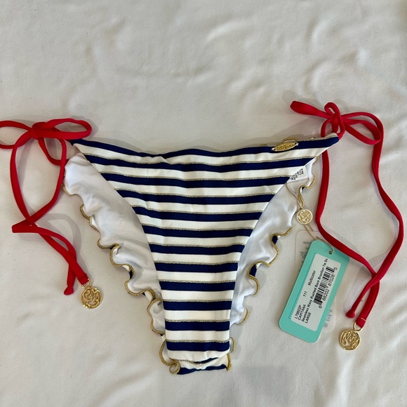 NWT Luli Fama Navy and White Striped Bikini Bottom with Red Ties - Picture 1 of 2